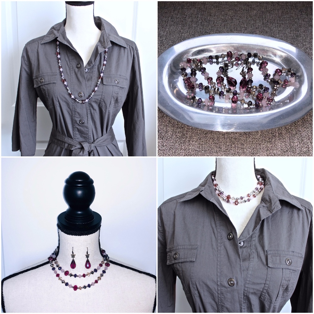 Purple and Silver Glass Like Necklace and Earrings